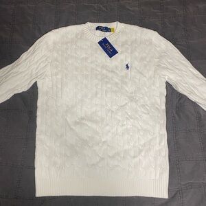 New Ralph Lauren Men's White Cable Knit Crewneck Sweater